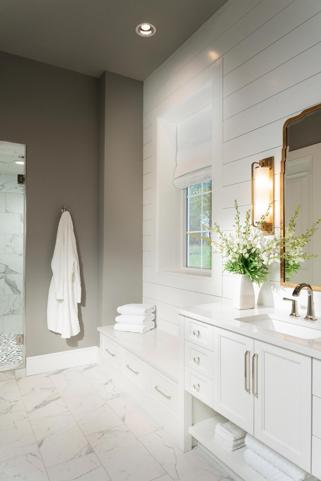 Inspiration for a large classic shower room bathroom in Other with white cabinets, an alcove shower, porcelain flooring, a submerged sink, quartz worktops, a hinged door, a single sink, a built in vanity unit and tongue and groove walls.
