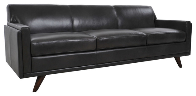 Milo Full Leather Mid Century Sofa, Black Leather Mid Century Sofa