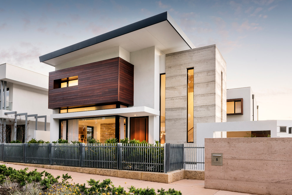 Design ideas for a contemporary three-storey white exterior in Perth with a flat roof.