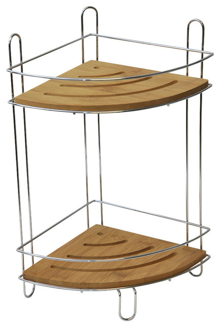 Free Standing Metal Wire Corner Shower Caddy With 2 Bamboo Shelves Color Brown Free Standing Metal Wire Corner Shower Caddy With 2 Bamboo Shelves Color Brown