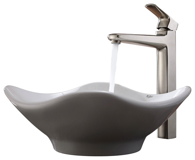 Kraus White Tulip Ceramic Sink and Virtus Faucet Brushed Nickel ...