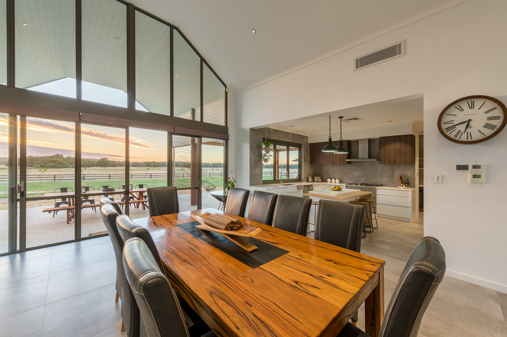 Design ideas for a large country kitchen/dining combo in Perth with white walls, a standard fireplace and a stone fireplace surround.
