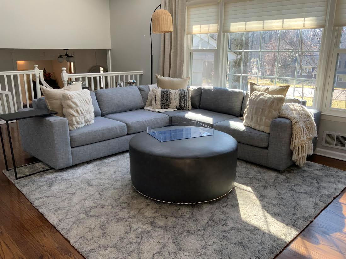 Transitional Family Room with Pops of Blue