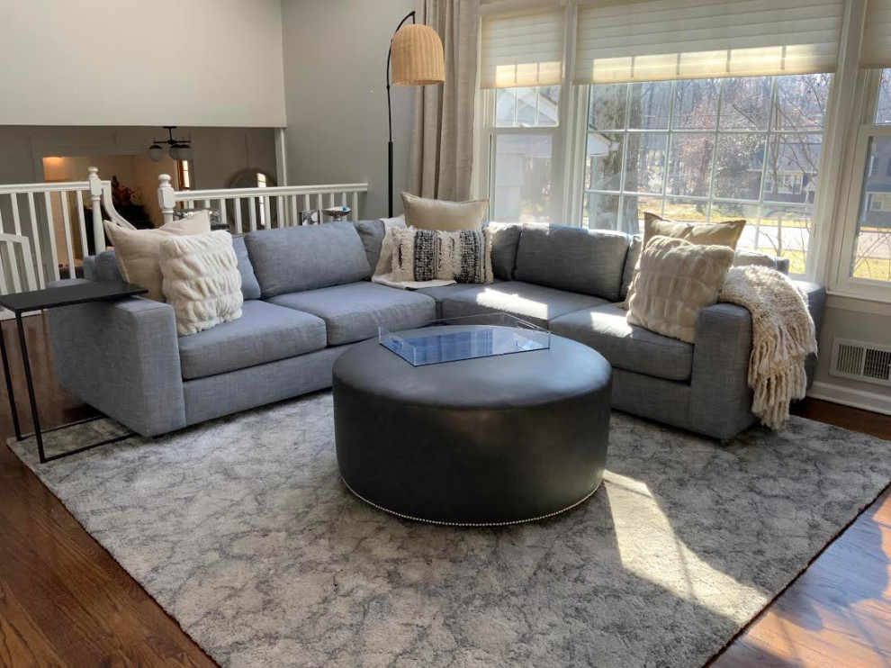 Transitional Family Room with Pops of Blue