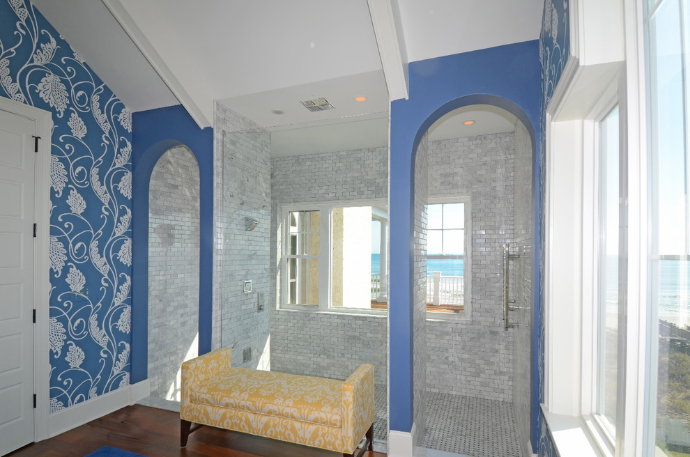Inspiration for a large beach style master bathroom in Other with a double shower, gray tile, blue walls, dark hardwood floors, marble, multi-coloured floor and an open shower.
