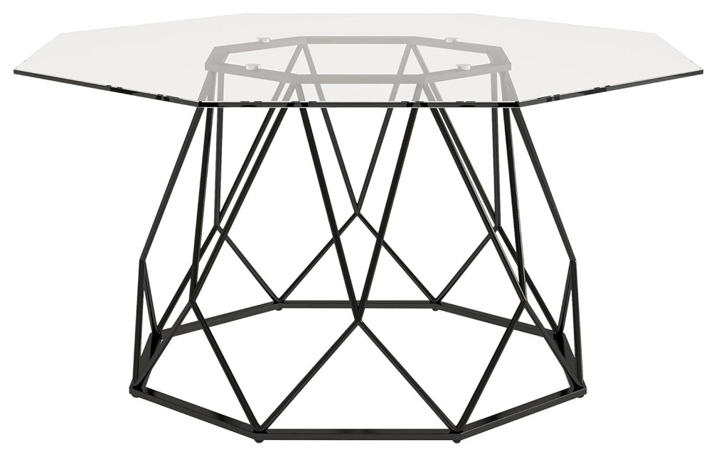 Contemporary Coffee Table, Geometric Design With Metal Base & Glass Top, Black