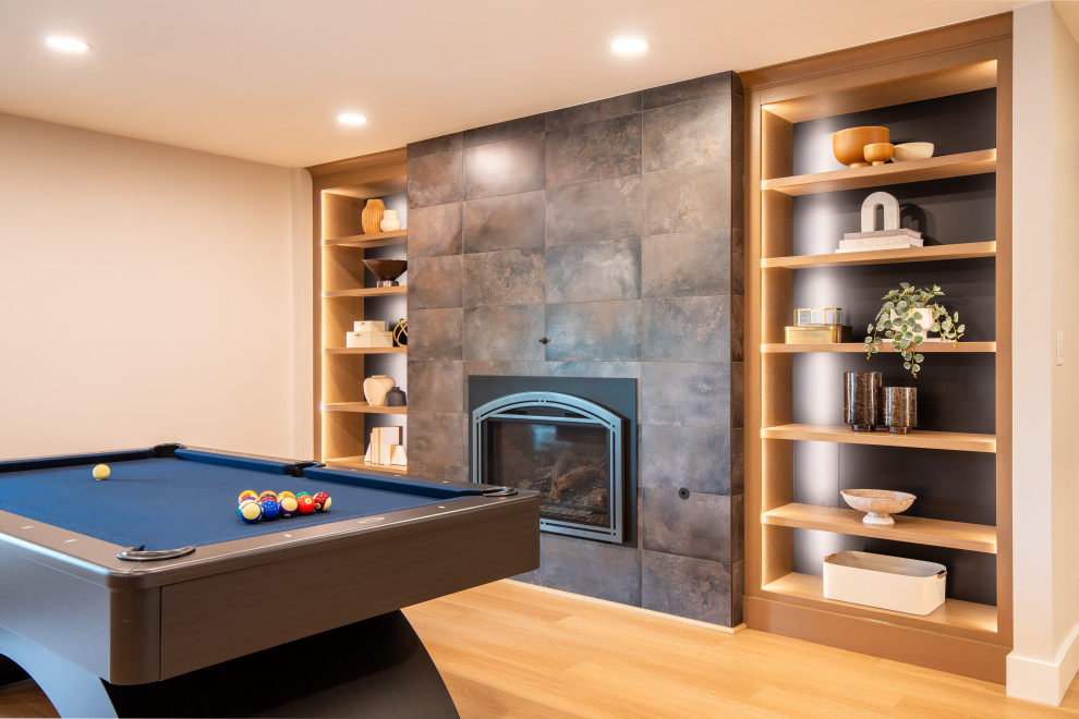 Updated Basement Fireplace with Custom Built-Ins
