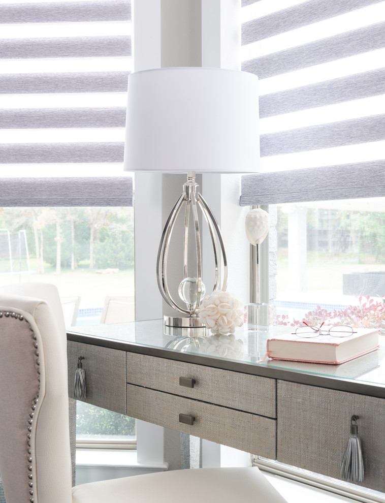 Example of a large minimalist master dark wood floor and brown floor bedroom design in Dallas with purple walls