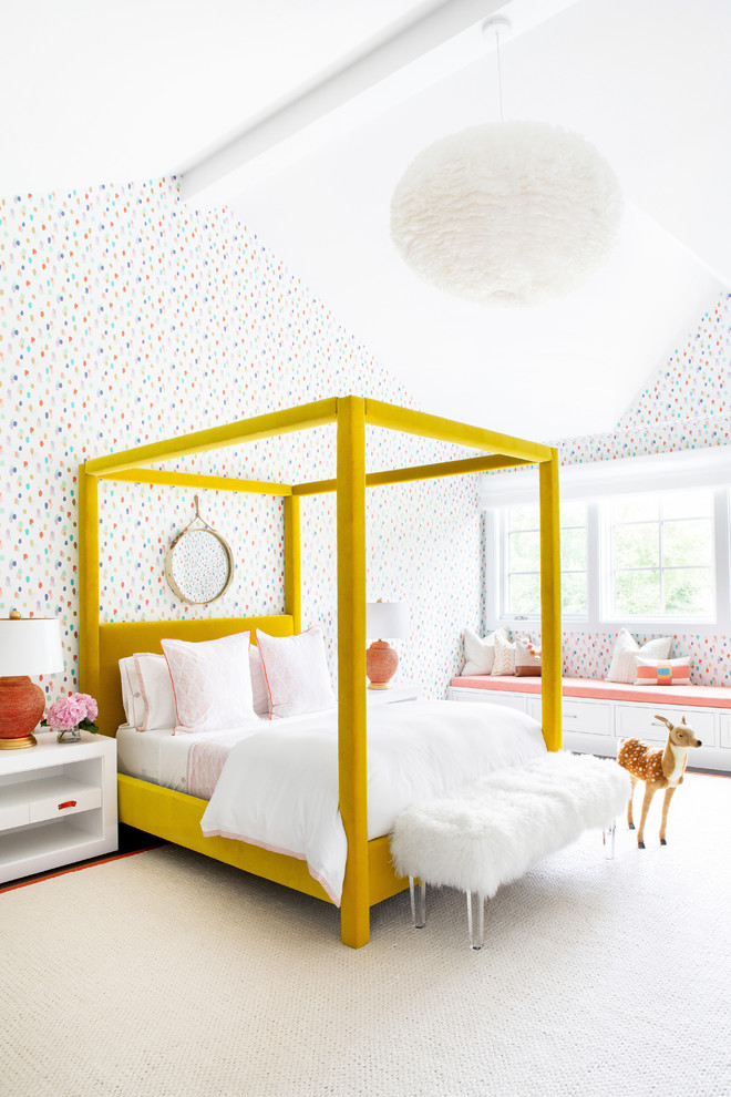 Design ideas for a mid-sized country kids' bedroom for girls in New York with multi-coloured walls, carpet and beige floor.