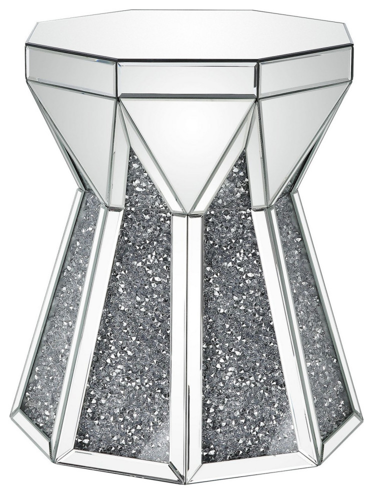 Multiple Faceted Mirrored End Table With Faux Diamonds, Silver