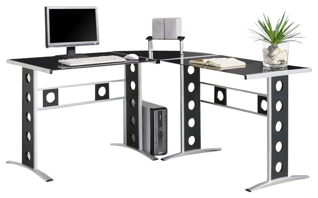 Coaster Modern L Shape Desk With Silver Frame And Black Glass
