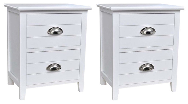 Traditional Set of 2 Bedside Cabinets, Painted Wood, 2 Storage Drawers, White
