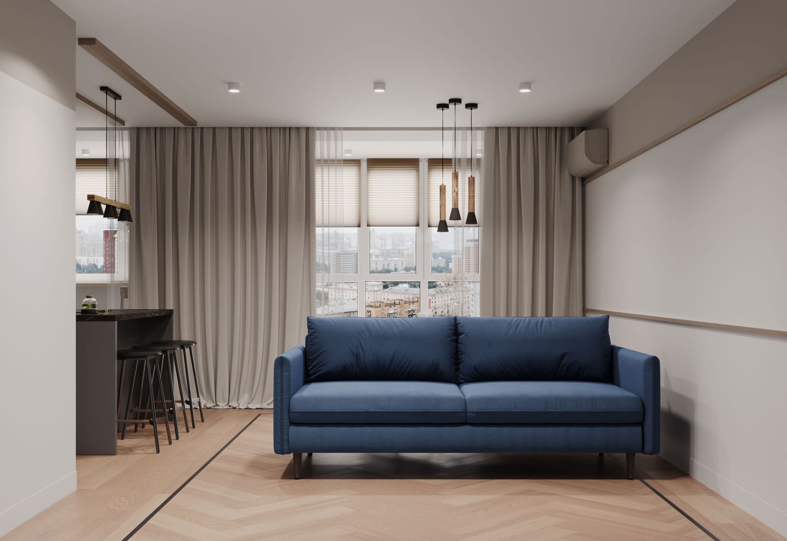 Современный интерьер с яркими акцентами и геометрическими формами