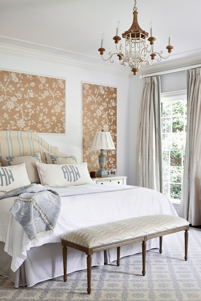 Inspiration for a traditional bedroom in Charlotte with white walls.