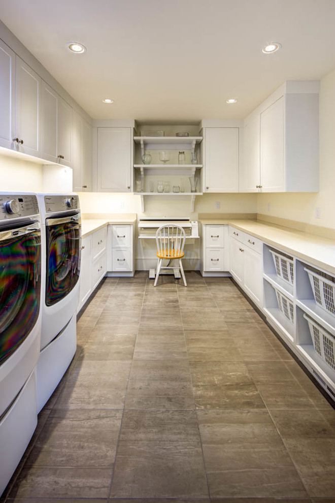 Design ideas for a large traditional galley dedicated laundry room in Salt Lake City with white cabinets, white walls and a side-by-side washer and dryer.