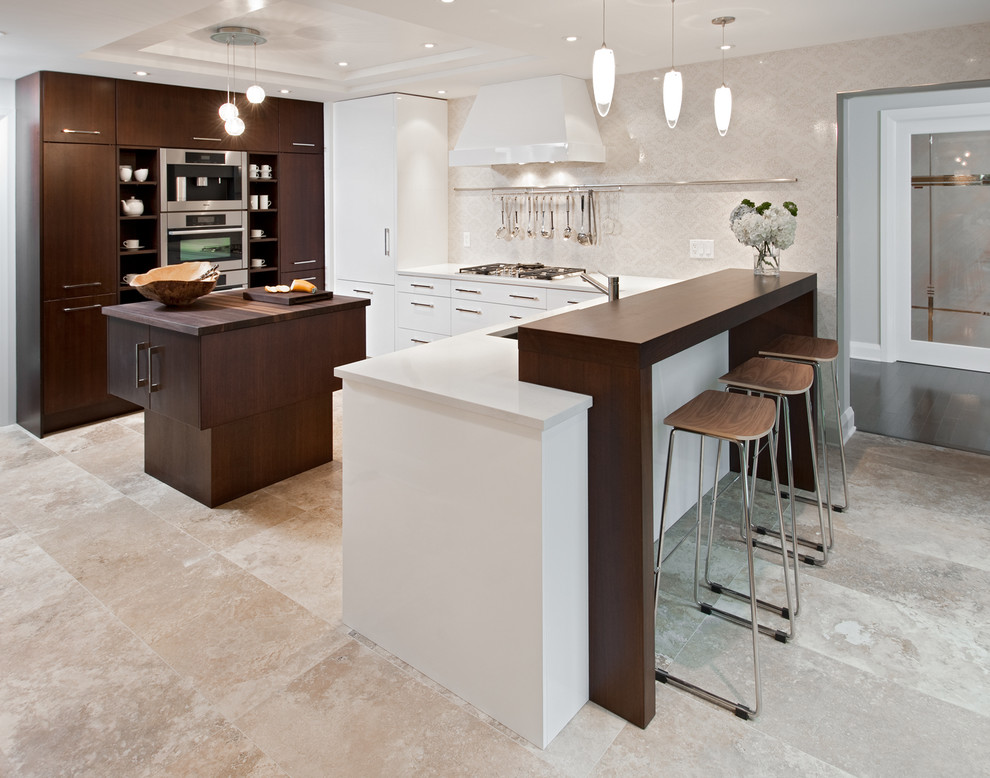 Mid-sized contemporary u-shaped eat-in kitchen in Ottawa with a double-bowl sink, flat-panel cabinets, white cabinets, wood benchtops, beige splashback, panelled appliances, travertine floors, with island and beige floor.