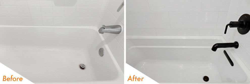 Idéer för ett modernt vit badrum, med bruna skåp, ett badkar i en alkov, en dusch/badkar-kombination, grå väggar, ett undermonterad handfat, bänkskiva i kvarts och dusch med duschdraperi