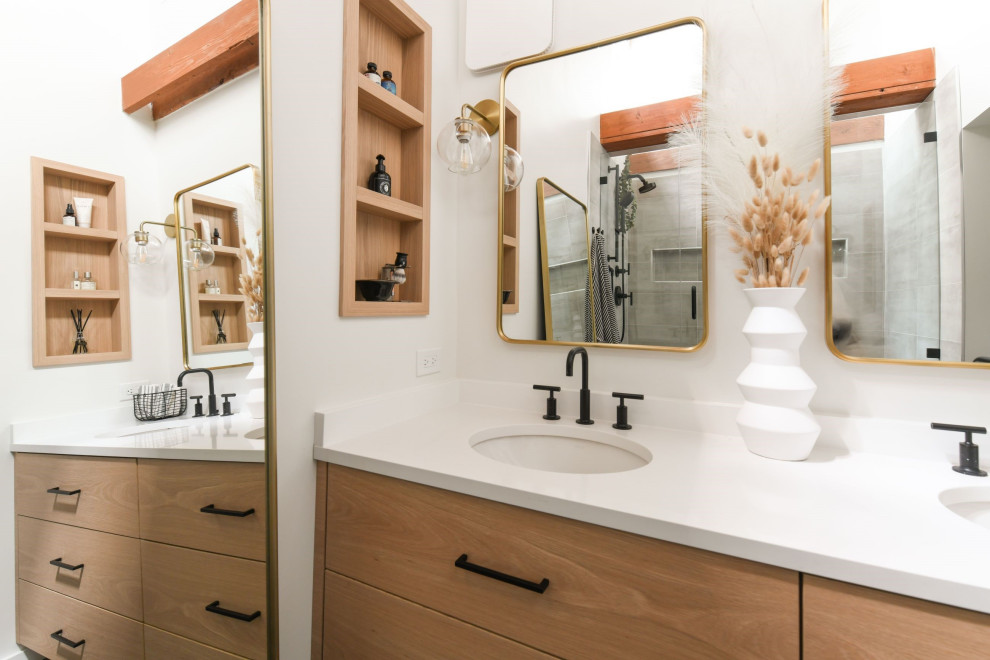 Design ideas for a mid-sized modern master bathroom in Chicago with flat-panel cabinets, light wood cabinets, porcelain floors, quartzite benchtops, blue floor, white benchtops, a double vanity, a built-in vanity and exposed beam.