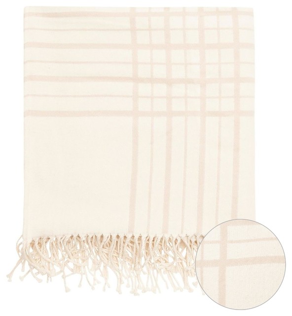 Mull Plaid Cotton Throw Blanket, Cream and Beige, 49"x70"