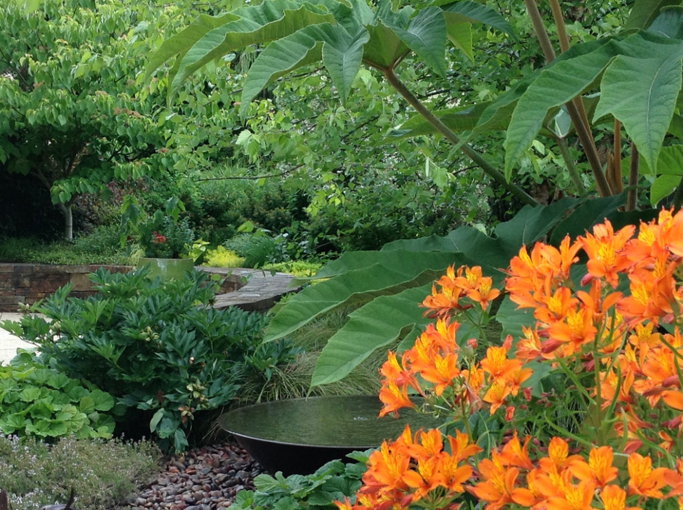 Mittelgroßer Moderner Garten im Frühling, hinter dem Haus mit Wasserspiel, direkter Sonneneinstrahlung, Granitsplitt und Holzzaun in Portland