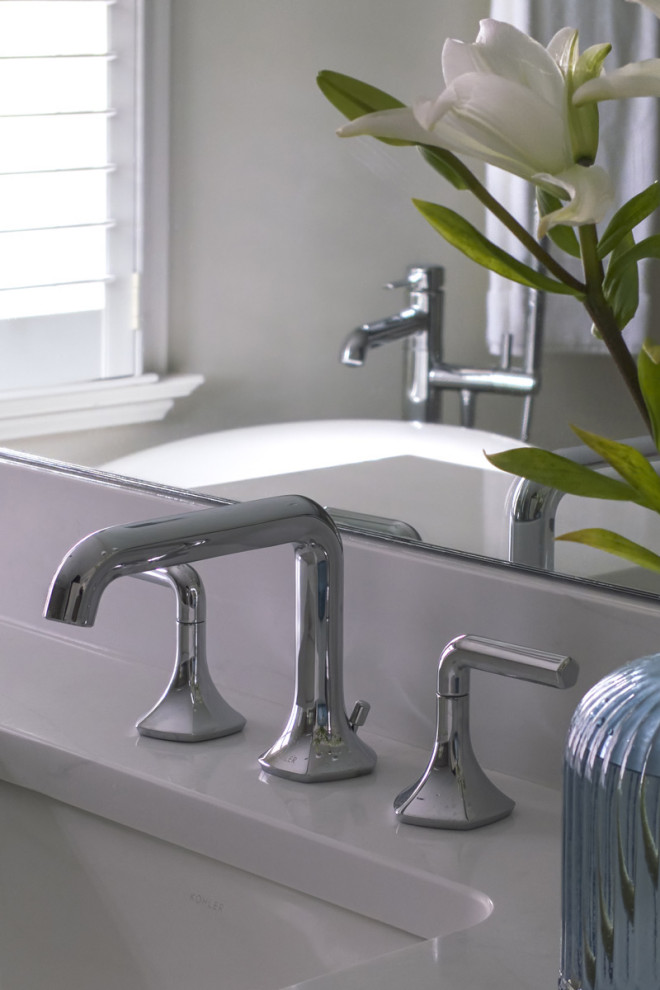 Freestanding bathtub - mid-sized master porcelain tile, white floor and double-sink freestanding bathtub idea in Chicago with shaker cabinets, dark wood cabinets, an undermount sink, quartz countertops, white countertops and a freestanding vanity