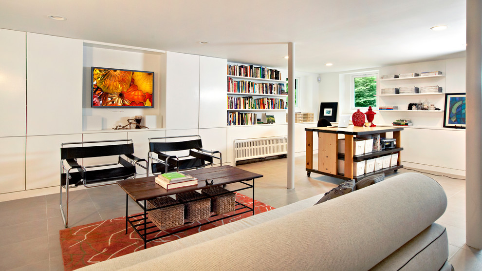 Design ideas for a modern look-out basement in New York with white walls, no fireplace, ceramic floors and grey floor.
