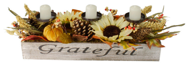 26" Autumn Harvest Sunflower 3ct Candle Holder in a "Grateful" Rustic Wooden Box
