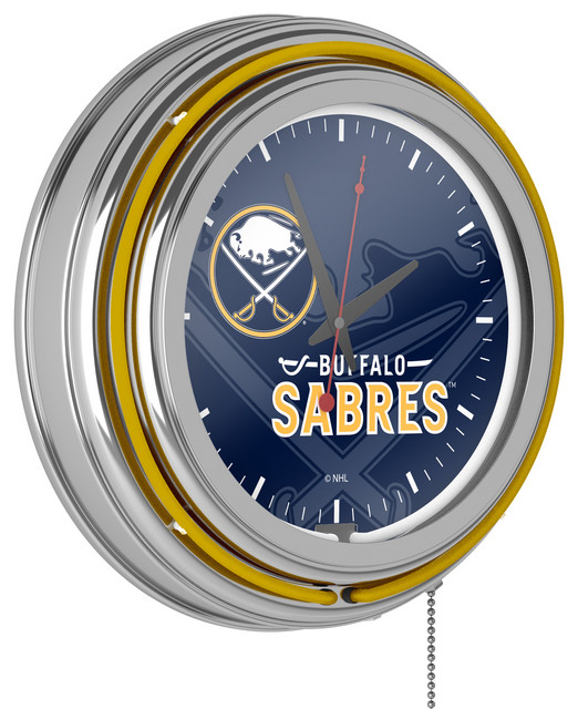 NHL Chrome Double Rung Neon Clock, Watermark, Buffalo Sabres