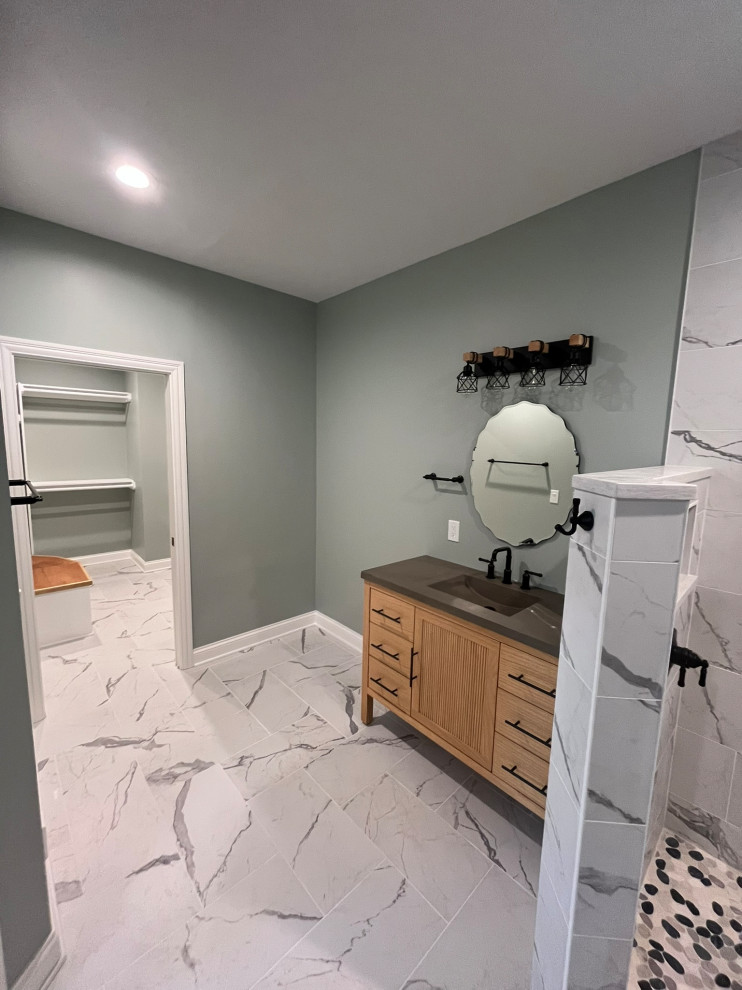Modern Bathroom with Dual Vanities and Walk-In Shower