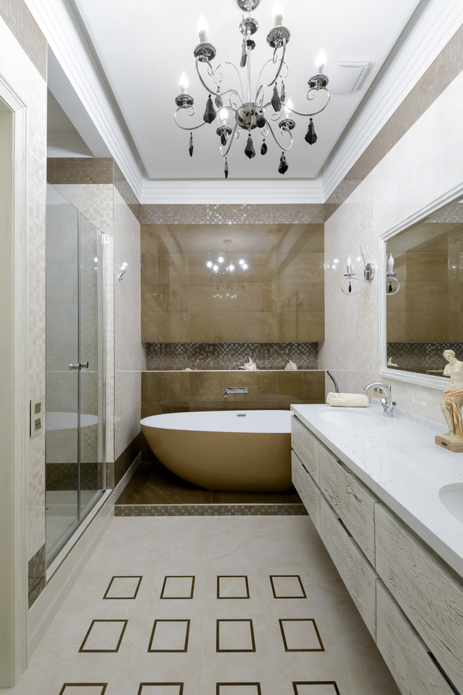 Inspiration for a large transitional master bathroom in Novosibirsk with flat-panel cabinets, a freestanding tub, an alcove shower, ceramic tile, ceramic floors, solid surface benchtops, light wood cabinets, white tile, brown tile, an undermount sink and a hinged shower door.