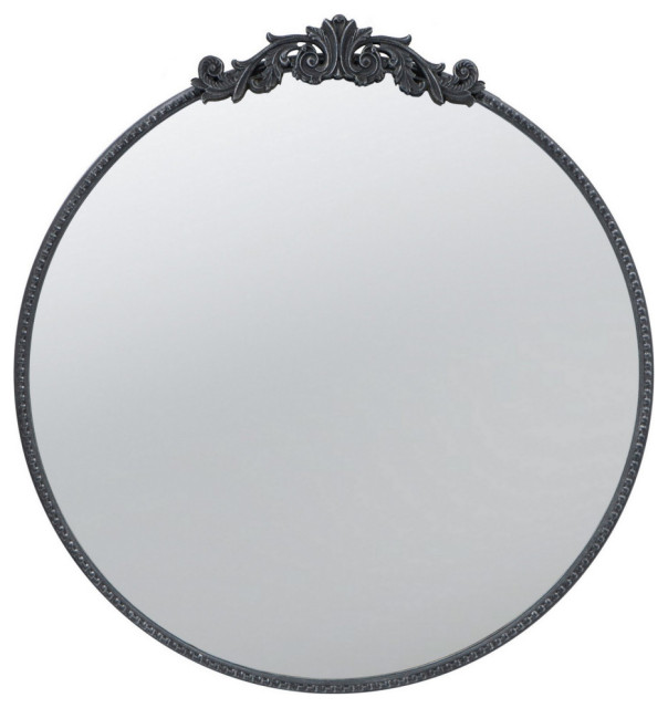 Kea 32" Vintage Round Wall Mirror, Black Metal Frame, Baroque Design Victorian Wall Mirrors