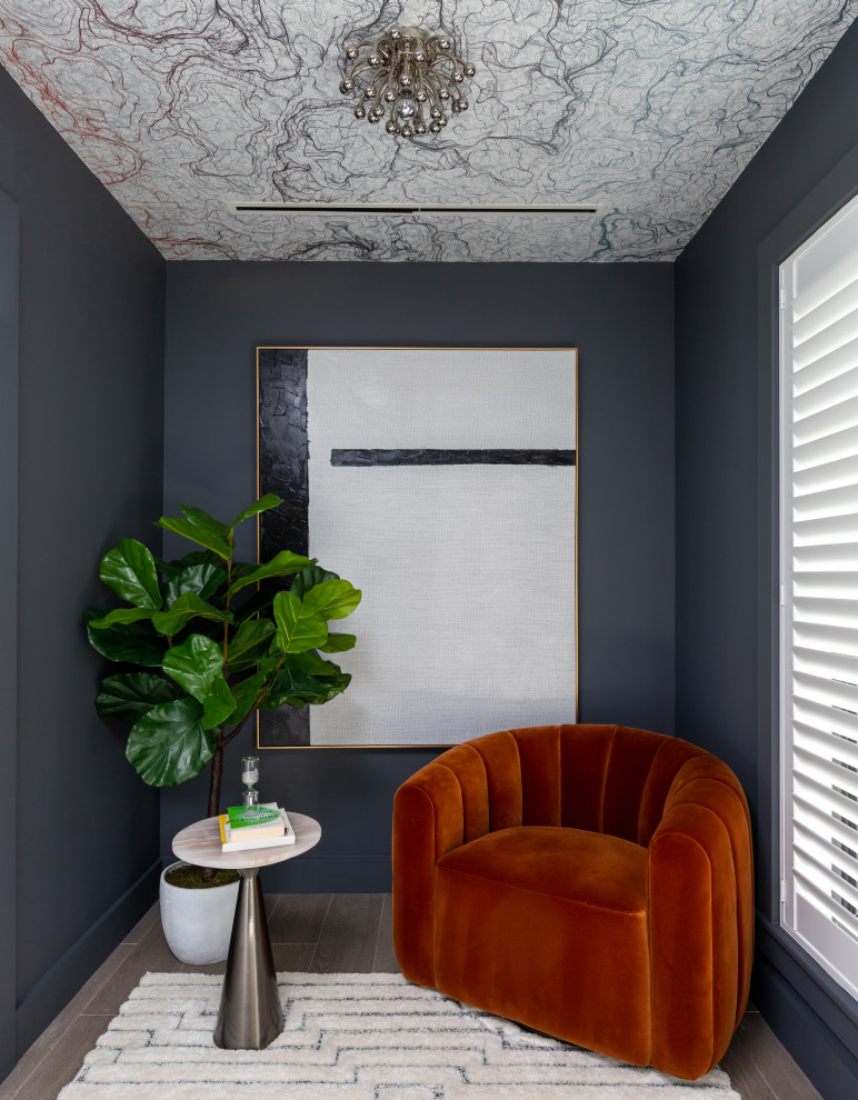 Small contemporary study room in Miami with grey walls, a freestanding desk and wallpaper.