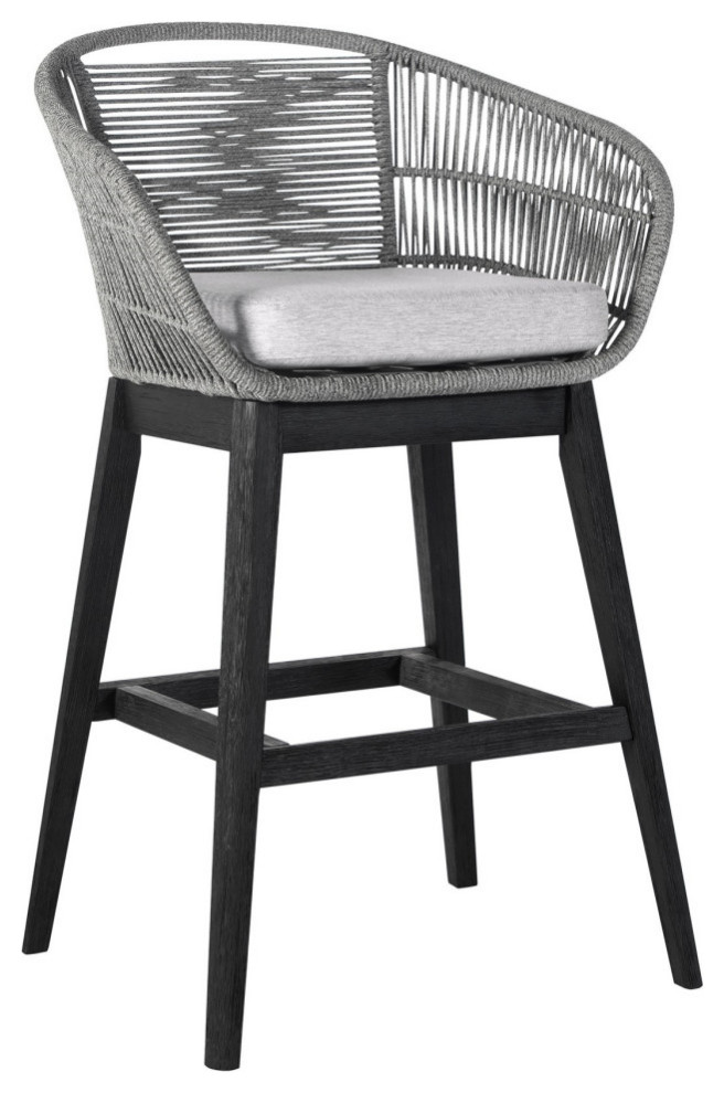 Mila 30" Modern Indoor Outdoor Wood Bar Stool Chair, Woven, Gray, Black