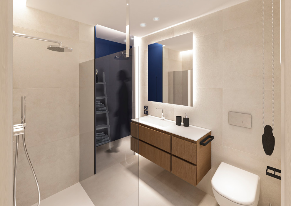 Example of a mid-sized minimalist master beige tile and porcelain tile porcelain tile, beige floor, single-sink and tray ceiling bathroom design in Other with flat-panel cabinets, brown cabinets, a two-piece toilet, beige walls, a console sink, solid surface countertops, white countertops and a floating vanity