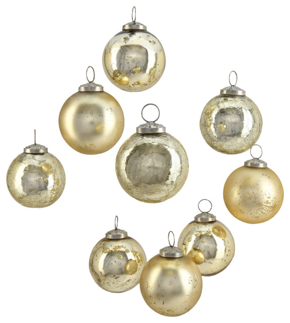 Set of 9 Assorted Gold / Teal Glass Ball Ornaments, 3