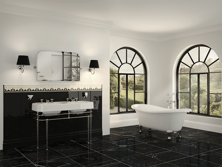 Inspiration for a mid-sized traditional master bathroom in Houston with open cabinets, a claw-foot tub, an alcove shower, black tile, glass sheet wall, white walls, ceramic floors, an integrated sink, black floor and an open shower.