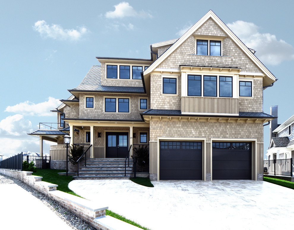 Design ideas for a large beach style two-storey beige house exterior in Philadelphia with wood siding, a gable roof and a shingle roof.