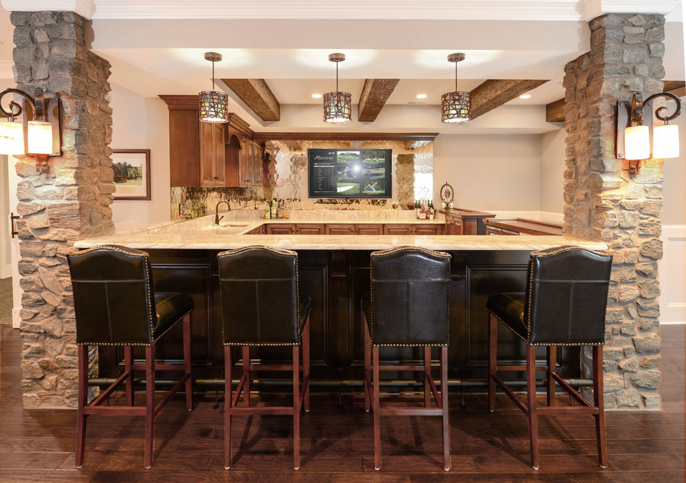 Example of a large transitional walk-out brown floor basement design in Baltimore with gray walls, a ribbon fireplace and a stone fireplace