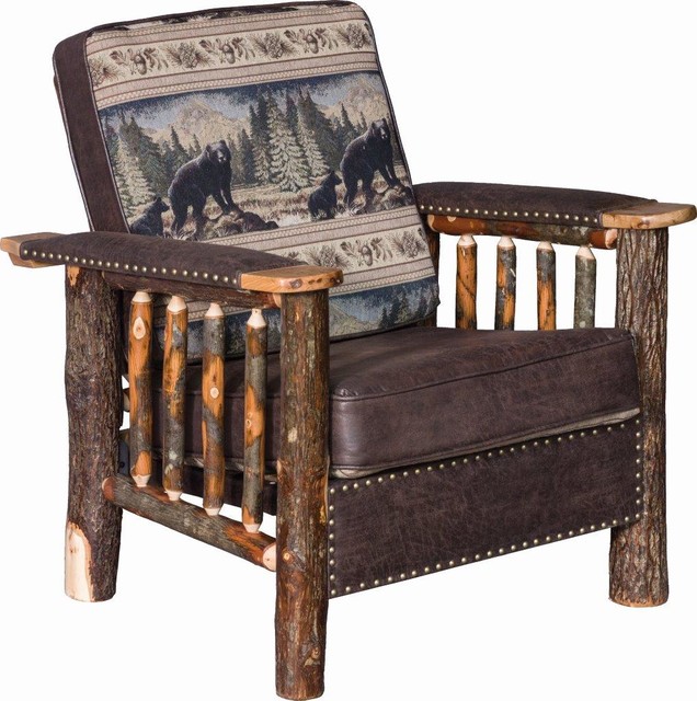 Rustic Hickory Log Sitting Chair With Leather Arms, Leafy