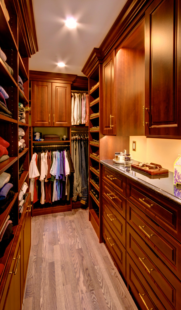 Design ideas for a mid-sized traditional men's walk-in wardrobe in Other with raised-panel cabinets, dark wood cabinets, medium hardwood floors and brown floor.