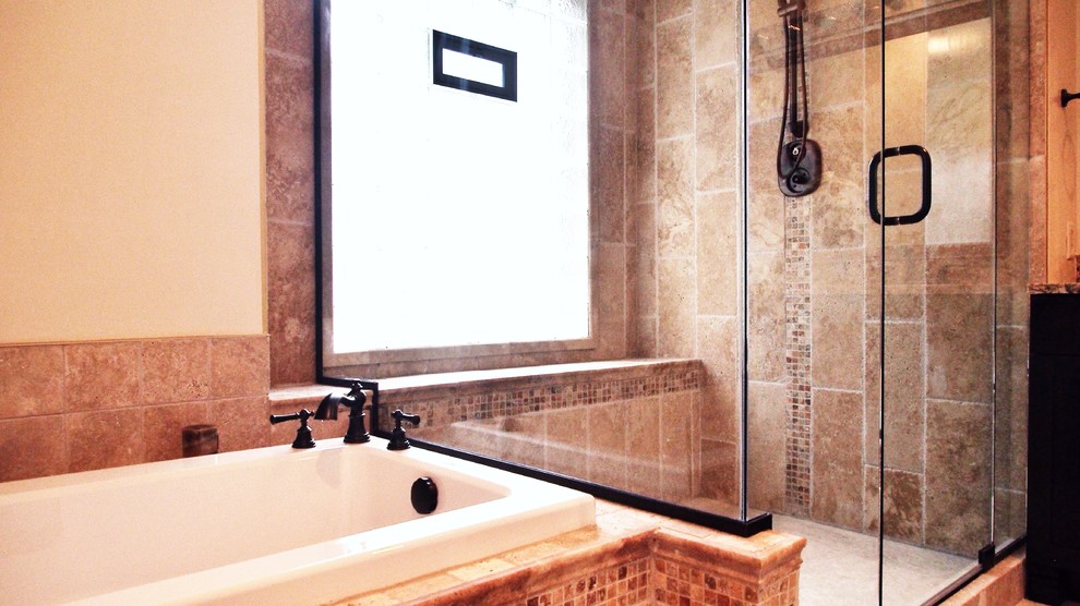 Inspiration for a mediterranean master bathroom in Grand Rapids with dark wood cabinets, quartzite benchtops, a drop-in tub, beige tile and terra-cotta tile.