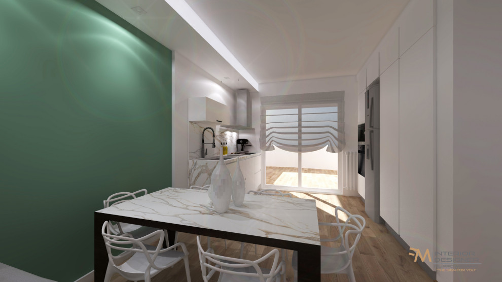 Esempio di un piccolo soggiorno minimalista chiuso con pareti verdi, parquet chiaro, nessun camino, parete attrezzata, pavimento marrone, soffitto ribassato e con abbinamento di divani diversi
