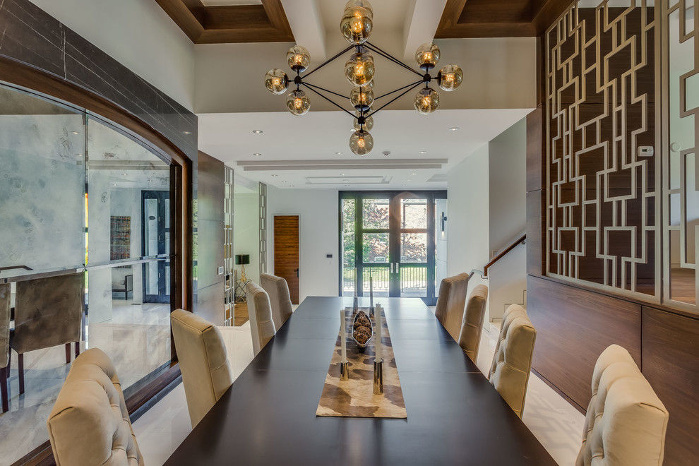 Mid-sized transitional porcelain tile and beige floor enclosed dining room photo in Toronto with white walls and no fireplace