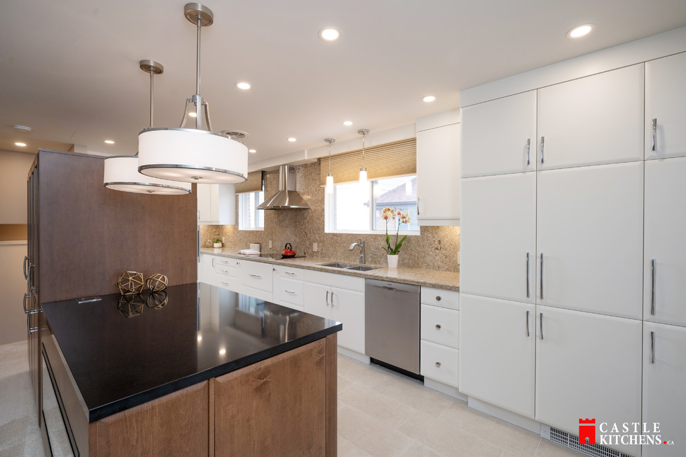 Eat-in kitchen - small single-wall porcelain tile and beige floor eat-in kitchen idea in Toronto with an integrated sink, flat-panel cabinets, white cabinets, quartz countertops, white backsplash, stone slab backsplash, stainless steel appliances, an island and white countertops
