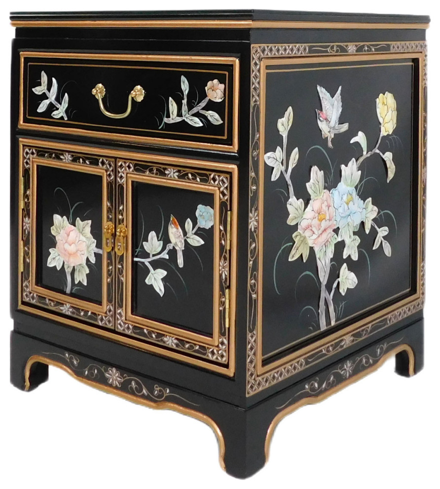 Oriental End Table With Mother of Pearl Bird and Flower Design, 20