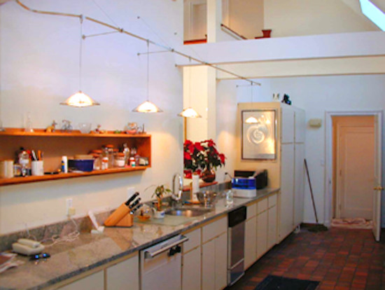 Example of a mid-sized transitional single-wall ceramic tile enclosed kitchen design in Boston with a drop-in sink, open cabinets, white cabinets, granite countertops and stainless steel appliances