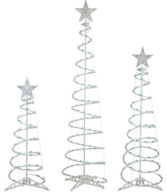 Set of 3 Green Lighted Spiral Christmas Trees 3' 4' and 6' Modern