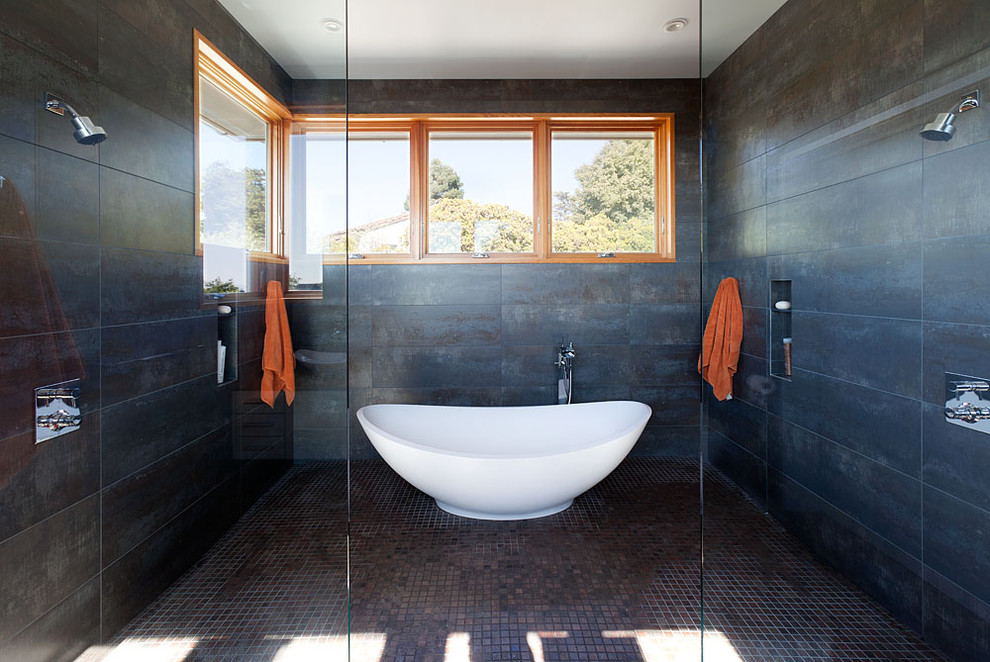 Large contemporary master bathroom in San Francisco with a freestanding tub, flat-panel cabinets, white cabinets, an alcove shower, black walls, ceramic floors, a vessel sink, brown floor and an open shower.