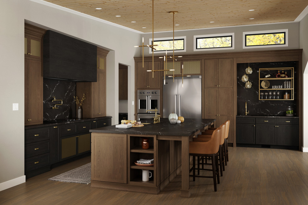 Open concept kitchen - mid-sized modern l-shaped medium tone wood floor, brown floor and vaulted ceiling open concept kitchen idea in Chicago with an undermount sink, shaker cabinets, medium tone wood cabinets, quartz countertops, black backsplash, quartz backsplash, stainless steel appliances, an island and black countertops