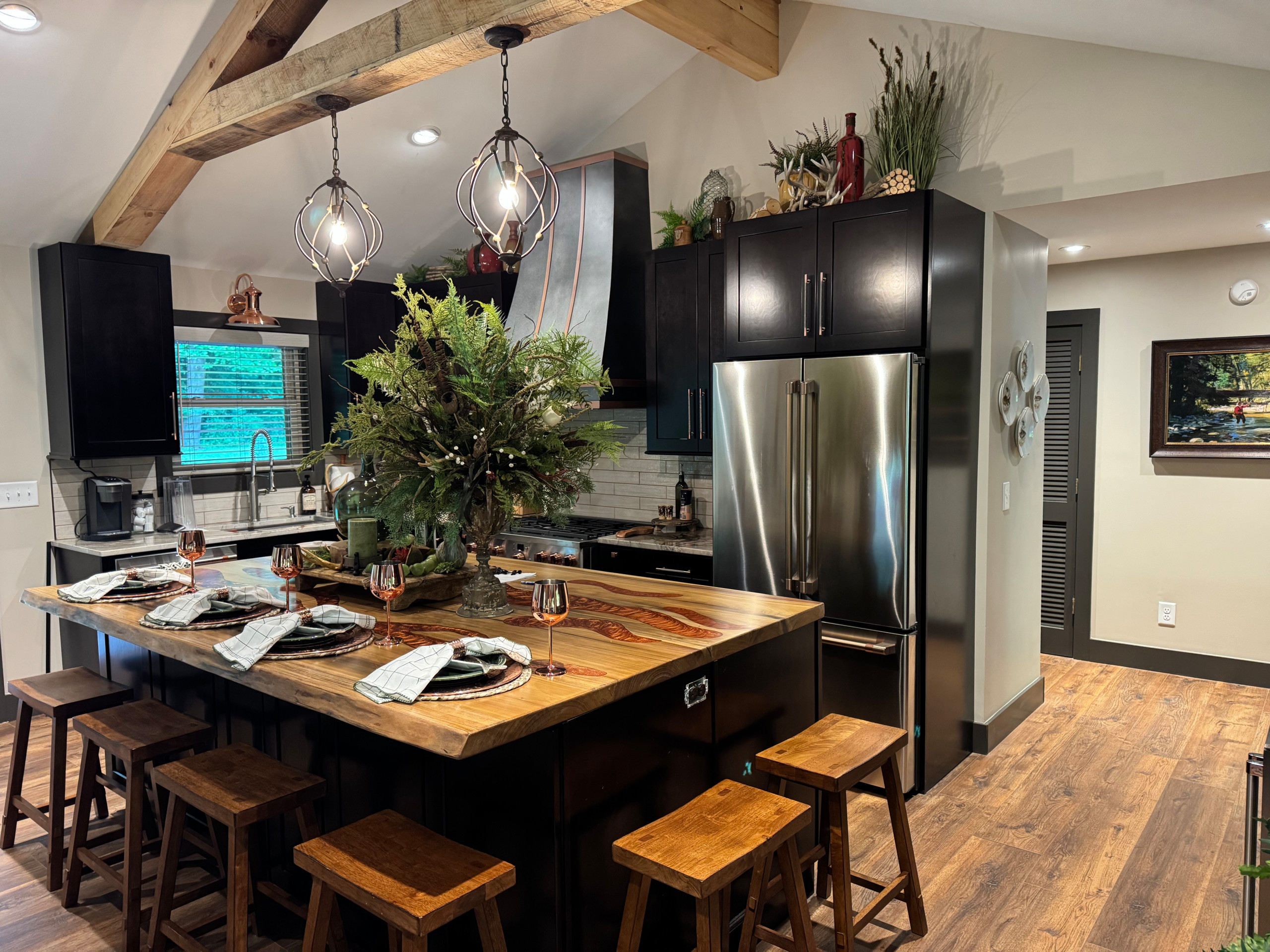 Rustic Contemporary Kitchen/Living Room Remodel with Exposed Timber Trusses